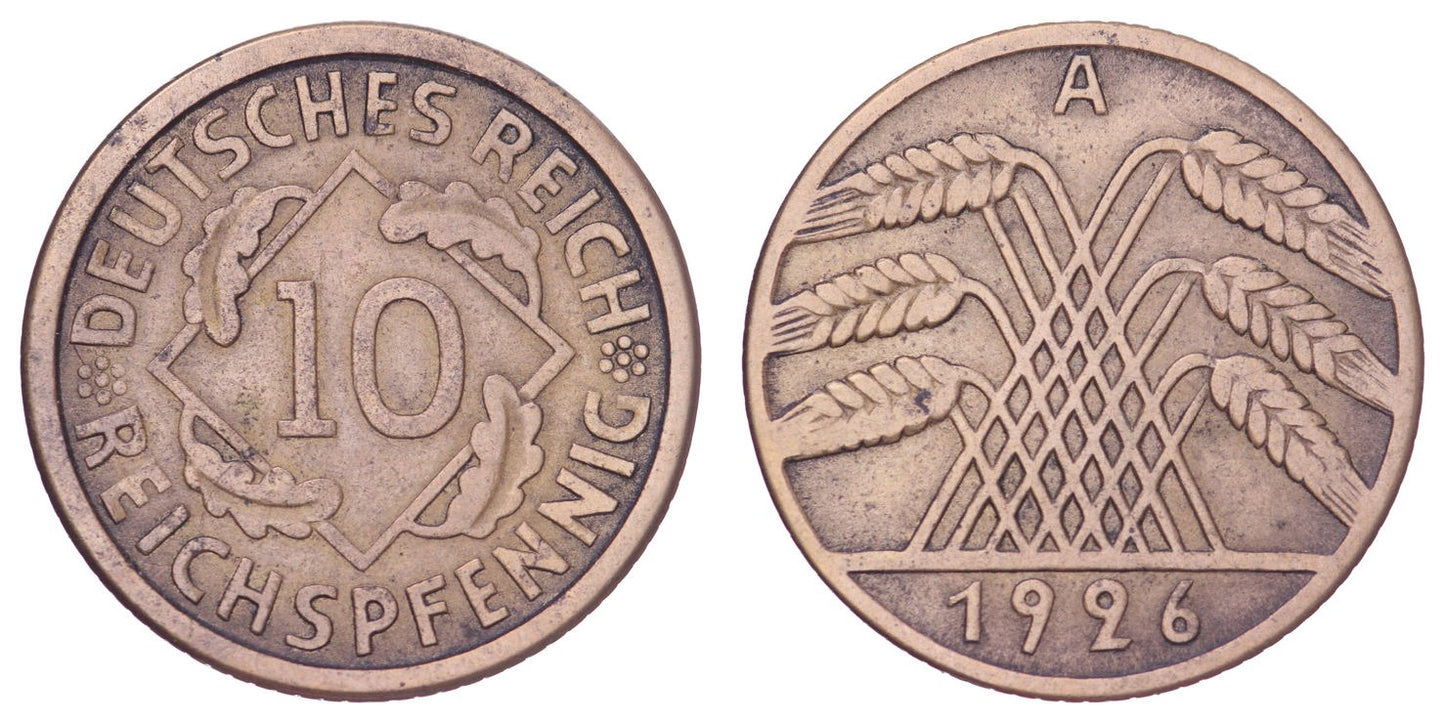 GERMANY 10 reichspfennig 1926A / Weimar Republic / VF