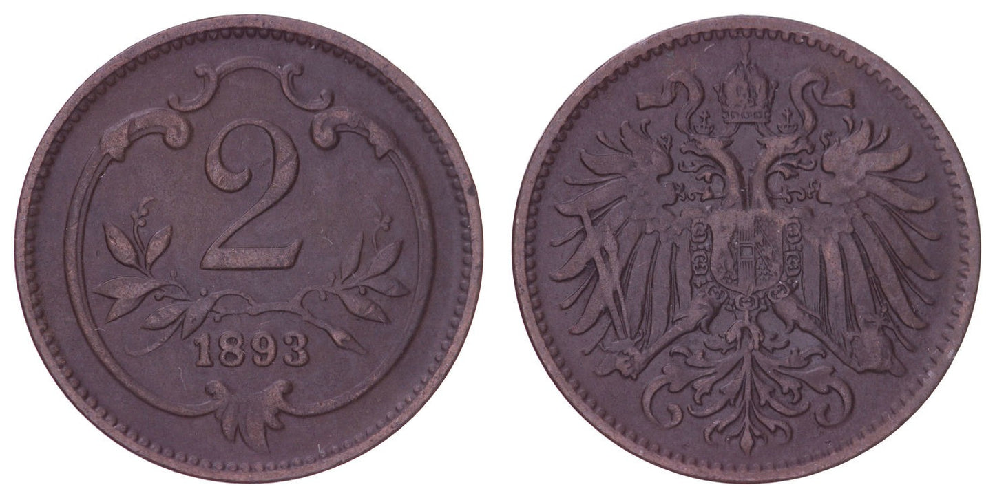 AUSTRIA 2 heller 1893 VF