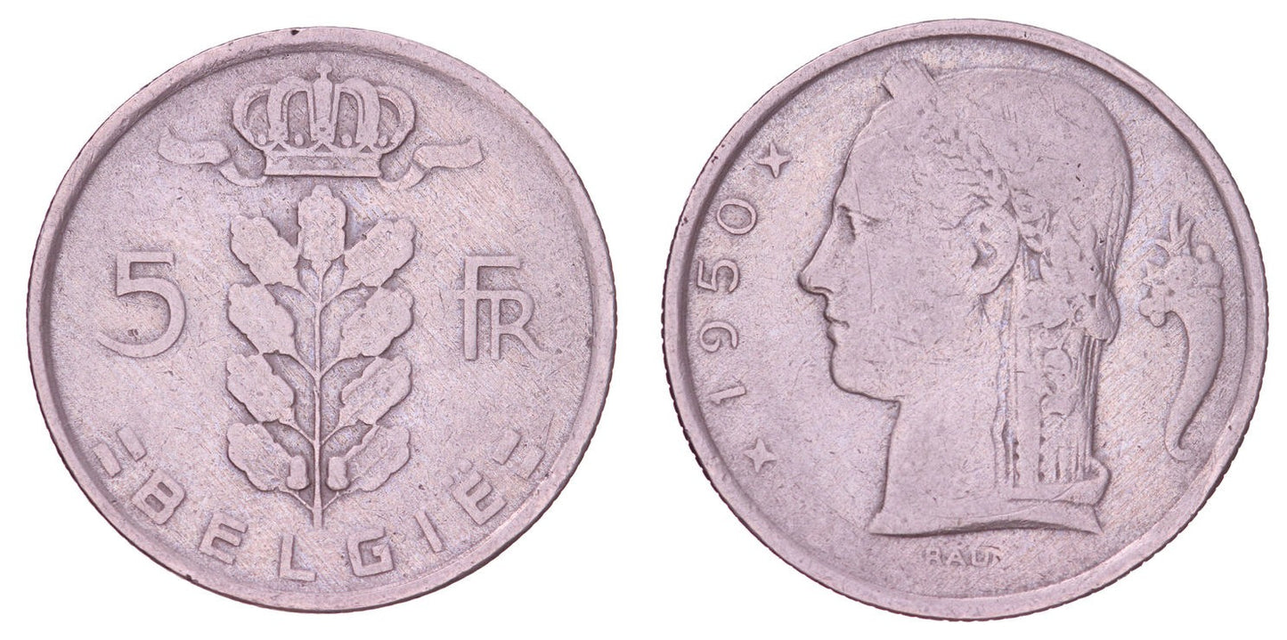 BELGIUM 5 francs 1950 / Dutch text / VF