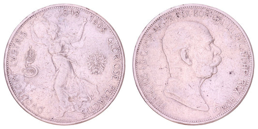 AUSTRIA 5 coronae 1908 / 60th Anniversary of Franz Joseph I Reign / Silver / VF