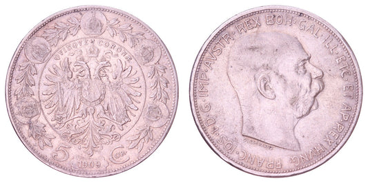 AUSTRIA 5 coronae 1909 / Silver / VF