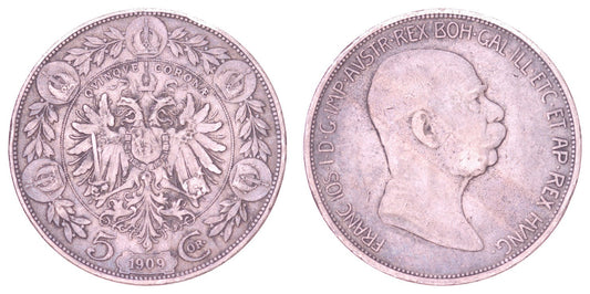 AUSTRIA 5 coronae 1909 / Silver / VF