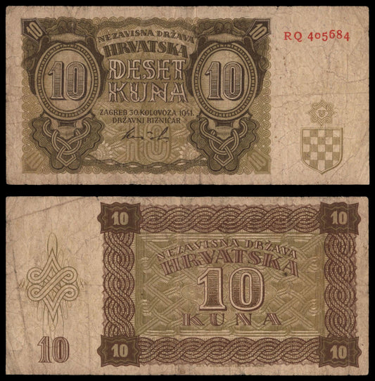 CROATIA 10 kuna 1941 / 2 letters / WWII Ustasa Germany Italy ally / F+