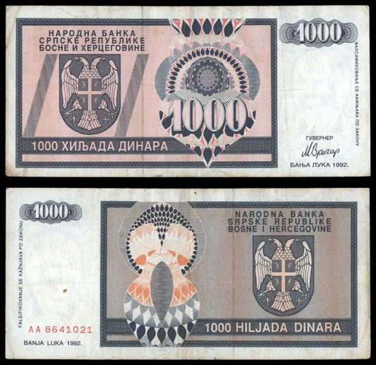 BOSNIA AND HERZEGOVINA 1000 dinara 1992 / Serb Republic / Banja Luka / VF