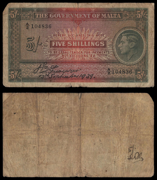 MALTA 5 shillings 1939 VG