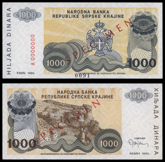 CROATIA 1000 dinara 1994 / Knin Krajina occupation issue / Specimen / UNC