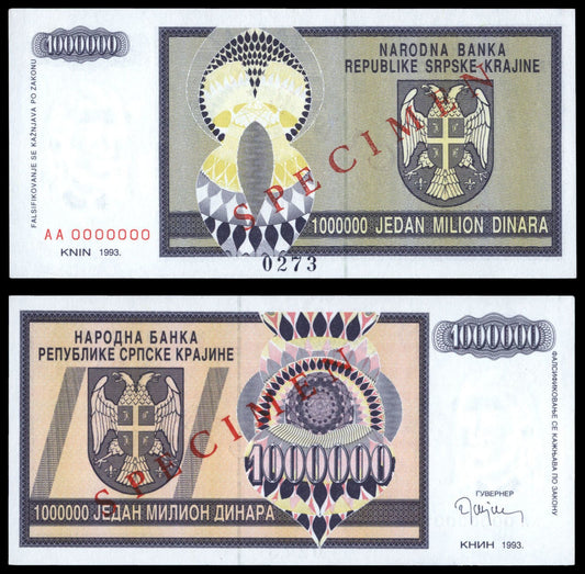 CROATIA 1 million dinara 1993 / Knin Krajina occupation issue / Specimen / UNC