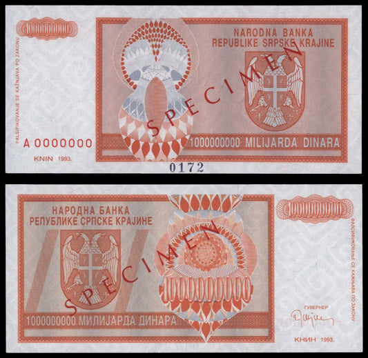CROATIA 1 billion dinara 1993 / Knin Krajina occupation issue / Specimen / UNC