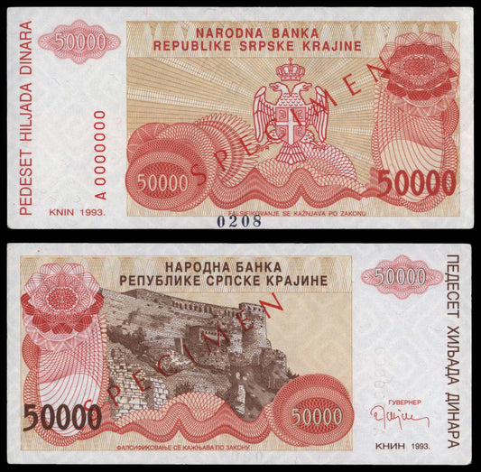 CROATIA 50000 dinara 1993 / Knin Krajina occupation issue / Specimen / XF