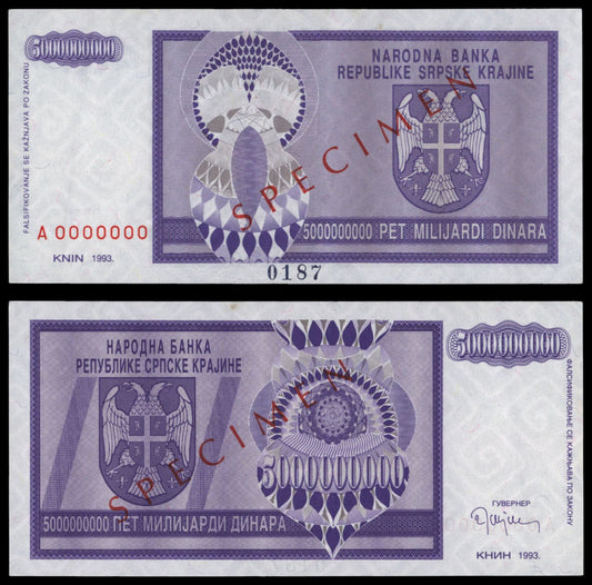 CROATIA 5 billion dinara 1993 / Knin Krajina occupation issue / Specimen / UNC-