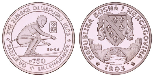 BOSNIA AND HERZEGOVINA 750 dinara 1993 / 1994 Lillehammer Olympic Games / Silver / Proof