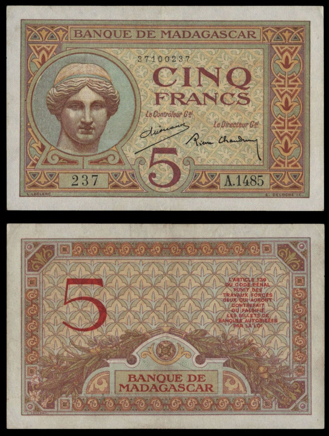 MADAGASCAR 5 francs ND(1926-1947) XF-